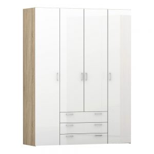 Capacious Wardrobe – 4 Doors 3 Drawers in Oak with White High Gloss