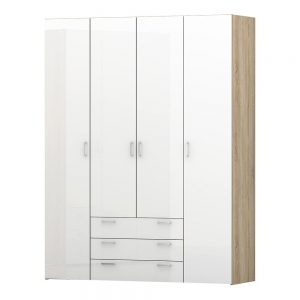 Capacious Wardrobe – 4 Doors 3 Drawers in Oak with White High Gloss