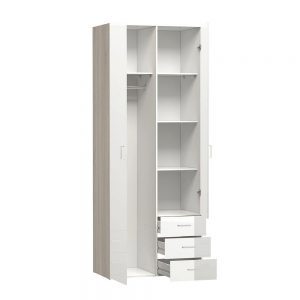 *Space Wardrobe – 2 Doors 3 Drawers in Oak with White High Gloss 2000