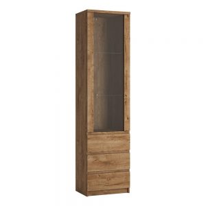 Danish Tall Narrow 1 Door 3 Drawer Glazed Display Cabinet in Oak