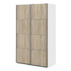 Verona Sliding Wardrobe 120cm in White with Oak Doors with 2 Shelves