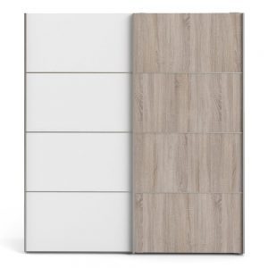 *Verona Sliding Wardrobe 180cm in White with White and Truffle Oak Doors with 5 Shelves