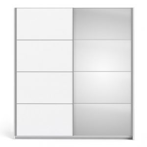 Verona Sliding Wardrobe 180cm in White with White and Mirror Doors with 5 Shelves