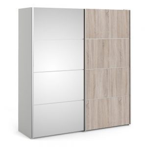 *Verona Sliding Wardrobe 180cm in White with Truffle Oak and Mirror Doors with 5 Shelves