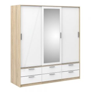 Line Wardrobe – 3 Doors 6 Drawers in Oak with White High Gloss