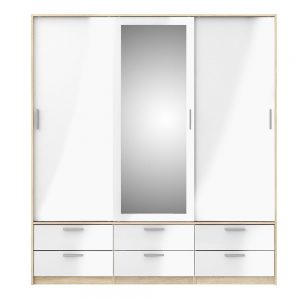 Line Wardrobe – 3 Doors 6 Drawers in Oak with White High Gloss