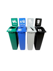 WASTE WATCHER – Quad – Cans & Bottles-Paper-Organics-Waste – Circle-Slot-Full – Blue-Grey-Green-Black