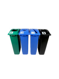 WASTE WATCHER – Quad – Cans & Bottles-Paper-Organics-Waste – Circle-Slot-Full – Blue-Blue-Green-Black