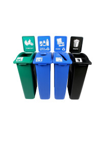 WASTE WATCHER – Quad – Cans & Bottles-Paper-Compost-Waste – Circle-Slot-Full – Blue-Blue-Green-Black