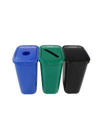 BILLI BOX – Triple – Nyc Compliant – Metal, Glass, Plastic & Beverage Containers-Paper-Garbage – Circle-Slot-Swing – Blue-Green-Black